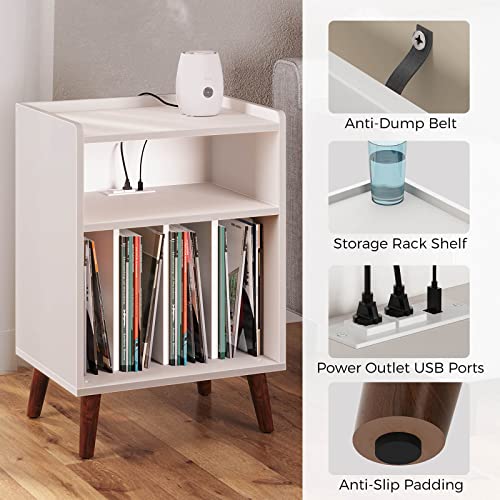 Rolanstar End Table With Charging Station, Record Player Stand With Led Lights, Nightstand With Storage Shelf, Mid-Century Record Storage For Living Room,Bedroom - White #TOP5