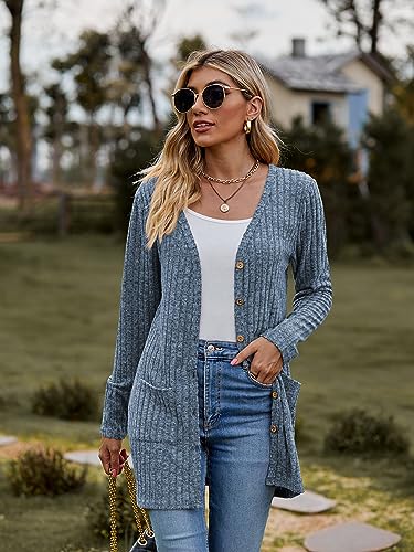 Famulily Frauen Langarm Open Front Cardigans, Button Down V Neck Leichte Outwear Pullover mit Taschen – Bild 3