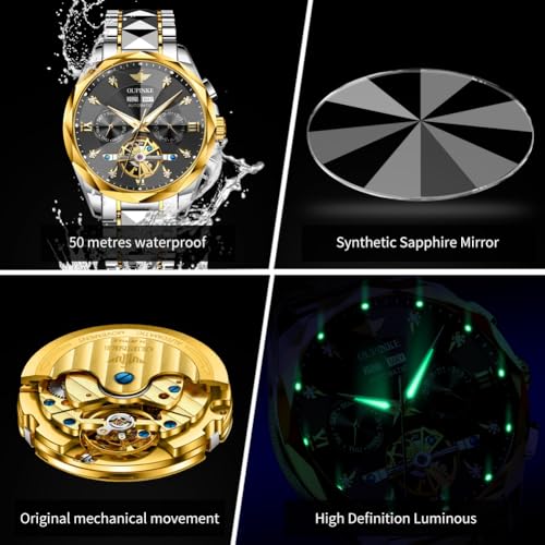OUPINKE Men's Watches Automatic Skeleton Self-Winding Original Mechanical Gold Luxury Tonneau Sapphire Crystal Waterproof Dress Gifts Wrist Watches4