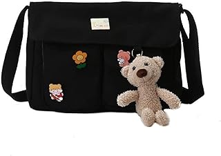 Canvas Crossbody Bag Messenger Cute Bag with Pins and Pendant for Women Girls Casual