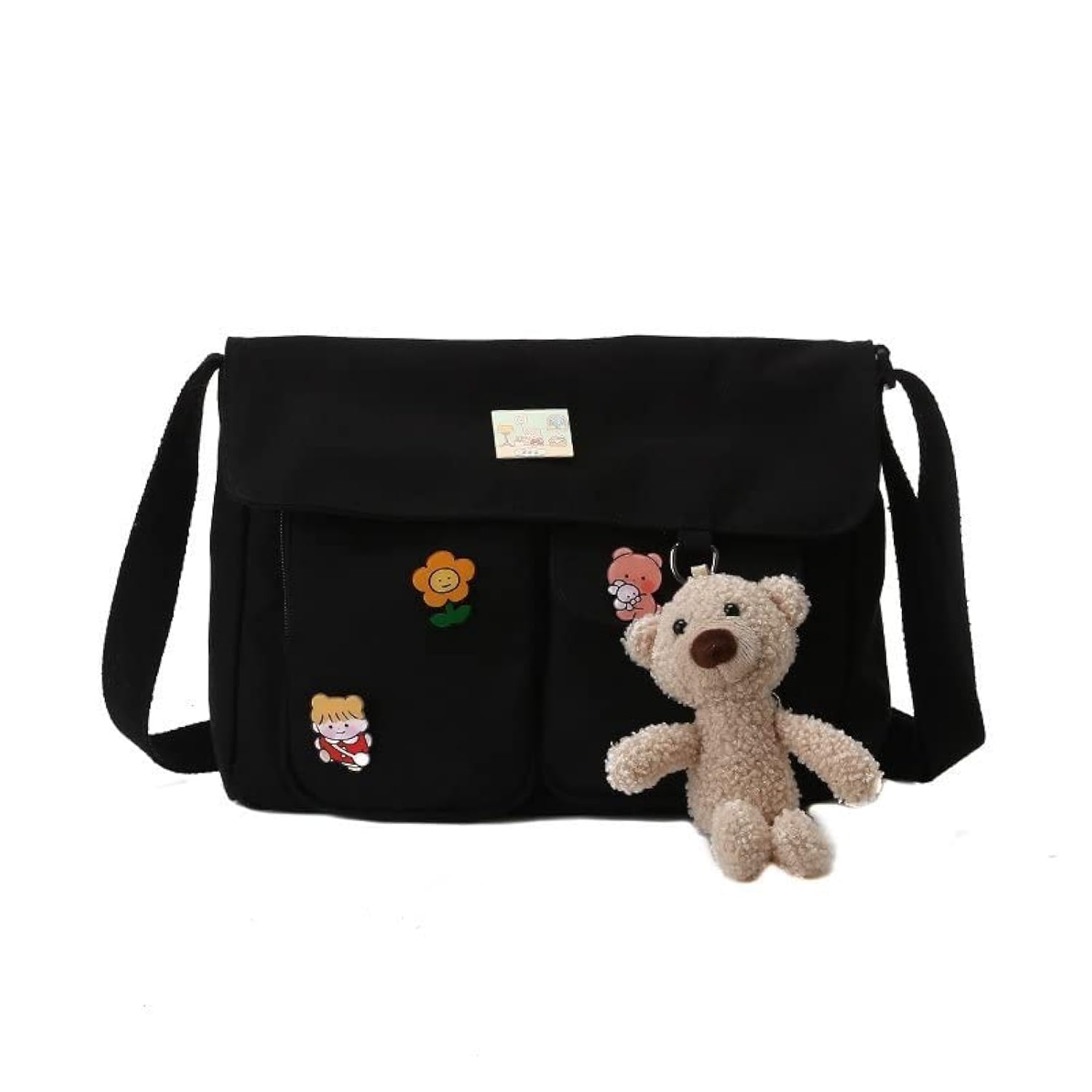 PRAGARI Canvas Crossbody Bag Messenger Cute Bag with Pins and Pendant for Women Girls Casual Shoulder Aesthetic School