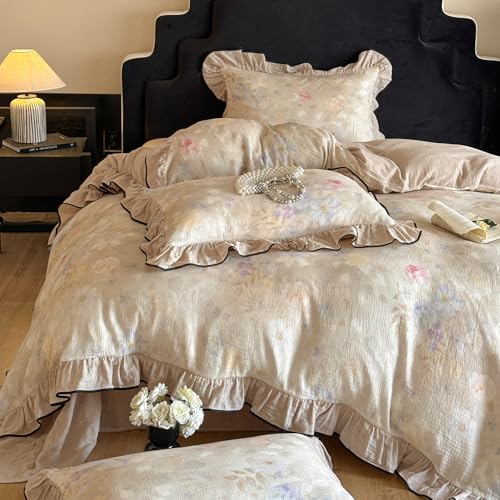 Ruffle Duvet Cover Queen Muslin Cotton Vintage Flower Duvet Cover Soft Breathable Linen Like Gauze Bedding Set for Girls-Ivory