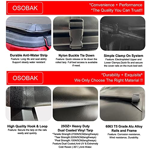 Osobak Soft Roll Up 5.0' Bed Cover Compatible For 2016-2023 Toyota Tacoma Vinyl Truck Tonneau Cover | Compatible For Deck Rail System Only #TOP5
