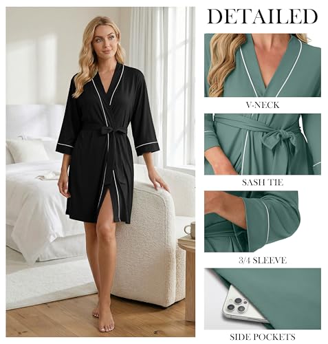Image of PrinStory Womens Robe Knee Length Soft Knit Bathrobe S-2XL | V-Neck 3 /4 Sleeve Robes with Pockets, Lightweight, Breathable Bath Robe for Shower, Spa, Travel, Home, Party, Nursing