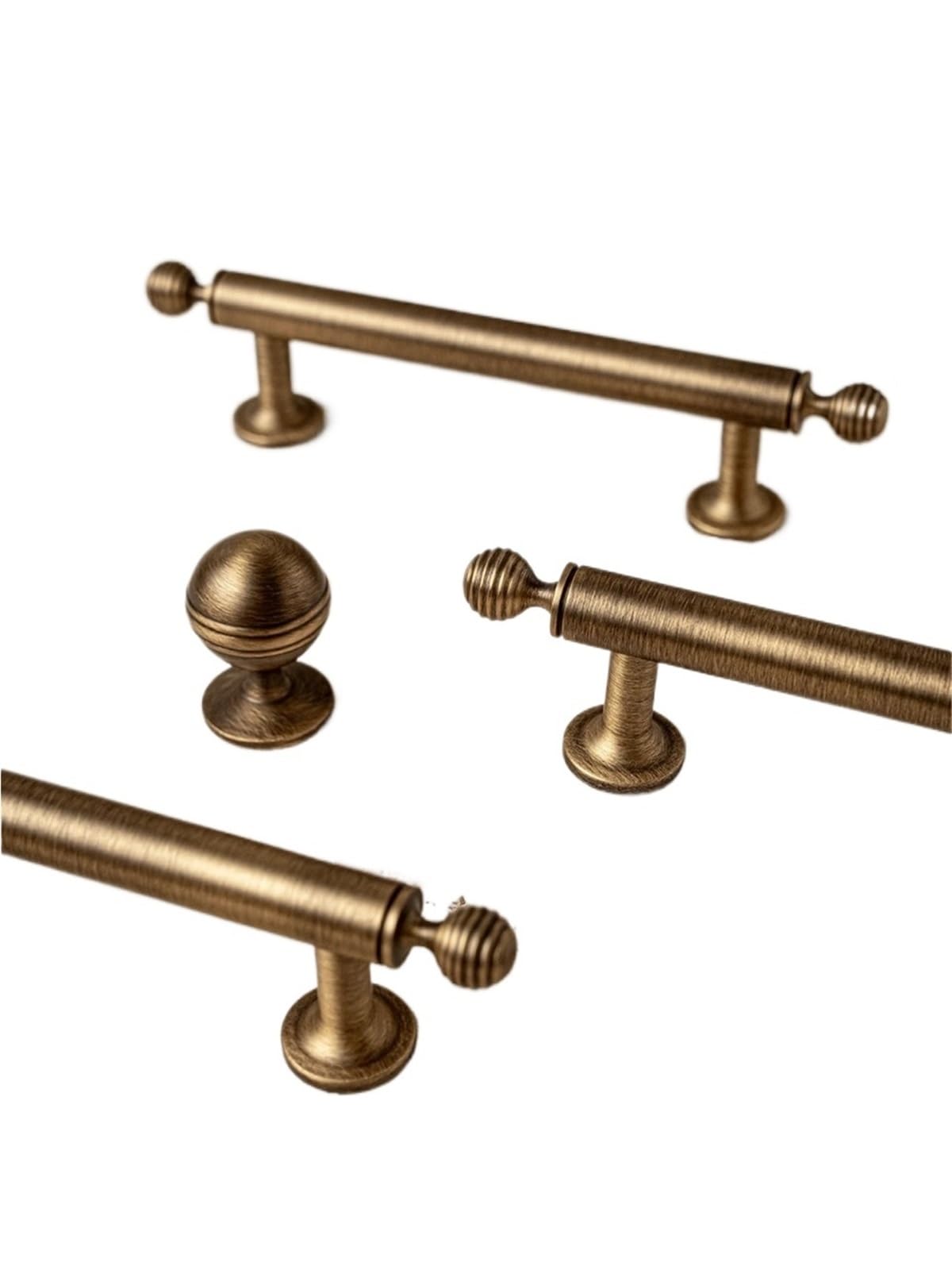 Qvorlth Vintage Cabinet Pulls Solid Antique Brass Handle Ribbed Kitchen Cabinet Pull Wardrobe Single Hole Drawer Knob Furniture Dresser Handles(837-224-HGT)