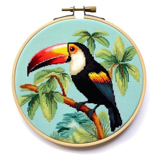 Toucan Stamped Cross Stitch Kits for Beginners Easy with Hoop 11CT Needlepoint Embroidery DIY Counted Cross Stitch Kits Art Craft Wall Decor 40x40cm(1)
