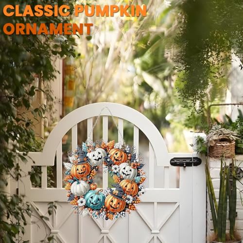 Image of PATPAT DIY Halloween Ornament Diamond Art Craft Kit, 9.4'' Dia Door Hanging Ornament, Classic Pumpkin Design, DIY Diamond Art Wreath for Halloween Room Decor, Party