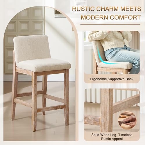 Image of Zesthouse Wood Bar Stools Counter Height Set of 4, 26 inch Modern Bar Stools with Back & Solid Wooden Leg, Mid Century Farmhouse Barstools, Beige Linen High Chairs for Kitchen Island, Antique Brown Finish