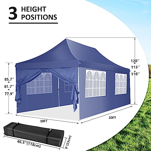 Cobizi 10X20 Pop Up Canopy Tent With 6 Removable Sidewalls, Easy Up Commercial Canopy, Waterproof And Uv50+ Gazebo With Roller Bag, Adjustable Leg Heights,Party Tents For Parties Blue #TOP2