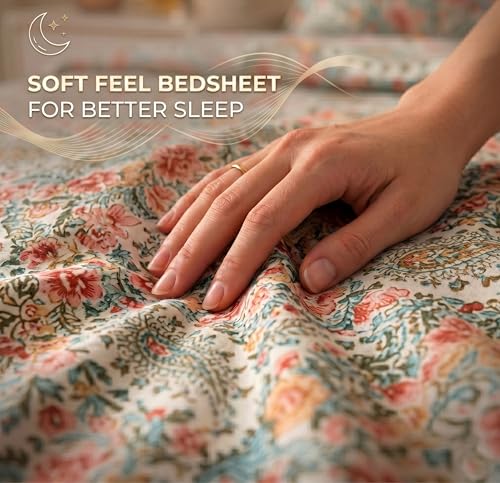 Image of HOMEKART Floral Printed King Size Cotton Bedsheet with 2 Pillow Covers | Luxury Double Bed Bedding Set 86x88 Inches | Ultra Soft, Breathable & Wrinkle Resistant & Home Decor (Boho Blossom Cream)