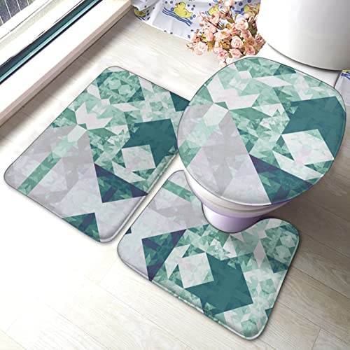 DIRYKILP Badematte + Konturmatte + Toilettendeckelbezug, Abstraktes Dreieck Fractal Muster 3 Stück Badematte Set, mit Anti-Rutsch-Klebeboden