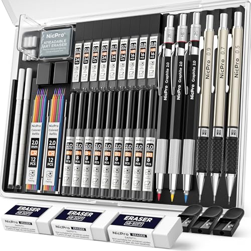 Nicpro 35 Pièces Porte-Mines Artistiques en Métal, Crayon Mécanique Criterium 0,5, 0,7, 0,9 mm et 3 Pièces Porte Mine 2 mm avec 20 tubes de Recharges(Couleurs 6B 4B...