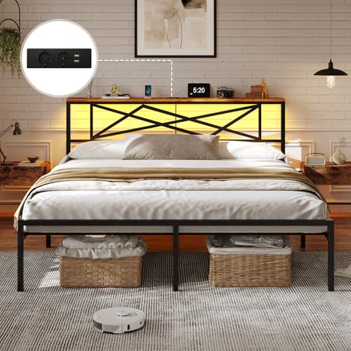 DICTAC Bettgestell 160x200 mit LED Beleuchtung Bett 160x200 mit Steckdose und USB-Ladefunktion &Holzkopfteil Metallbett mit Lattenrost aus Metall,Bettrahmen mit Stauraum unter dem Bett, Höche 32