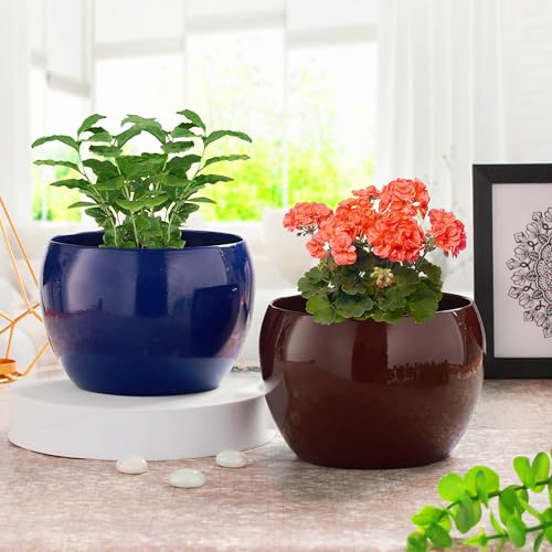 Image of Sunshine Elegant Matte Finished Dustfree Tabletop Brown & Blue Flower Pot Planter | Metal Plant Pot for Indoor Succulent Plants, Living Room, Home Decor, Office, Restaurant (Set of 2)