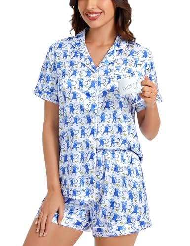 Image of SWOMOG Womens Silk Satin Pajamas Set Short Sleeve Sleepwear Button Down Top and Shorts Loungewear 2 Piece Pjs Set XS-3XL