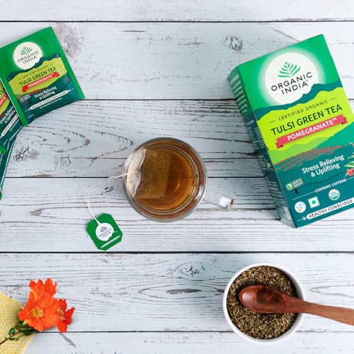 Image of A TATA Product - Organic India Tulsi Green Tea Pomegranate - 25 Tea Bags, Certified Organic, Stress Relief, Rich in Antioxidant, Tulsi & Pomegranate Infusion (Pack of 3)