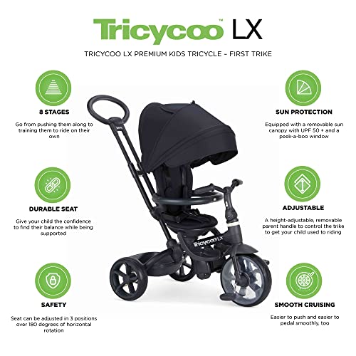 Joovy Tricycoo LX Premium Kids Tricycle with 8 Stages Featuring Chunky Front Tire, Removable and Adjustable Parent Handle, Machine-Washable Seat Pad, and Retractable Canopy, Black, 1 Count (Pack of 1) - Thumbnail 5