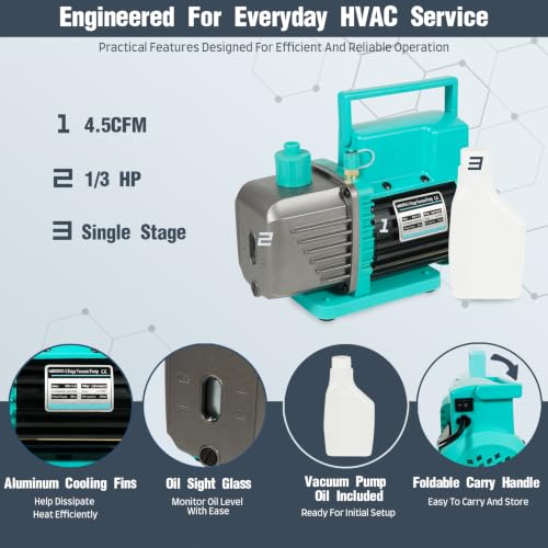 Bomba de vacío VECOTOOLS 4.5CFM 1/3HP con juego de manómetro de aluminio de 3 vías para R134A R410A R22 R404A, Kit de servicio de refrigerante HVAC con acopladores rápidos y mangueras de 4 pies para mantenimiento automotriz y HVAC miniatura 3