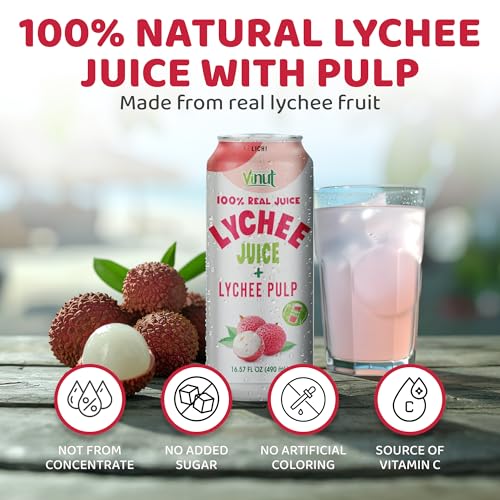 VINUT 100% Natural Lychee Juice Drink with Pulp, Real Lychee Juice, Gluten Free, GMO-Free, 16.57 fl oz, Pack of 12