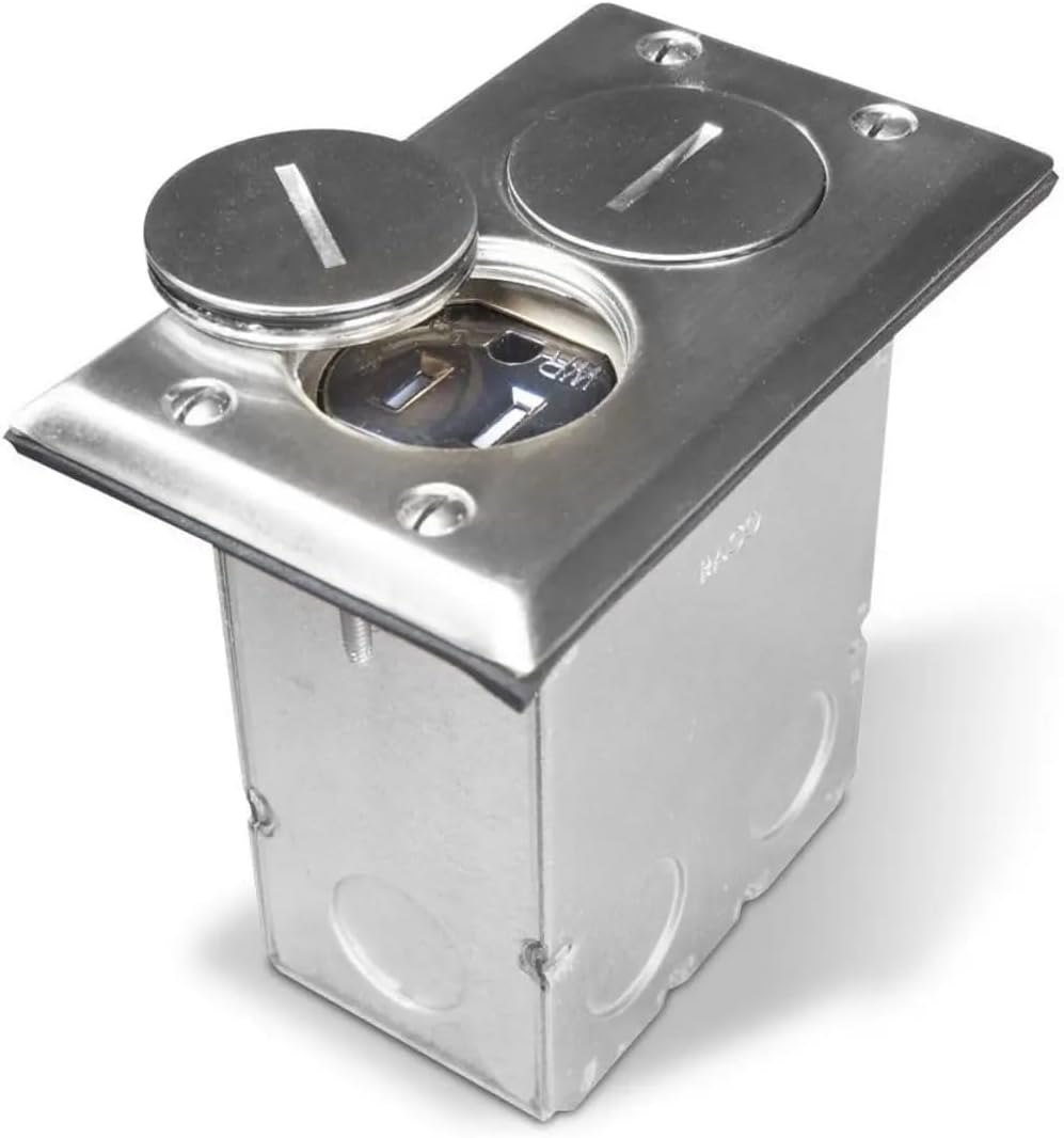 Raco 6500NI-5 Duplex Nickel 15 Amp Rectangular Floor Box Kit, Metallic Cover Plate