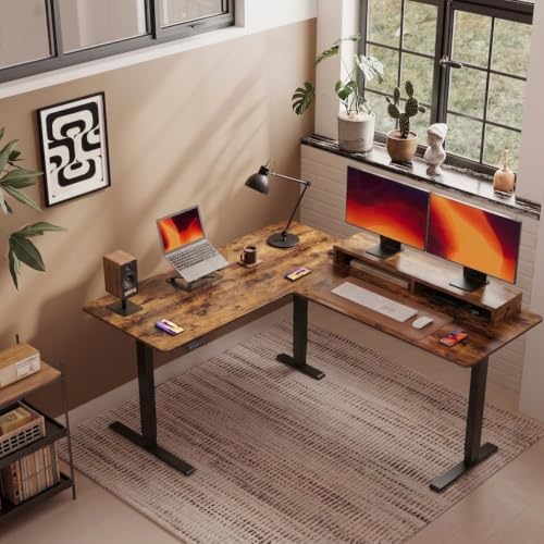 Image of TEKAVO Electric Standing Desk L Shaped Height Adjustable Workstation | Single Motor Sit Stand Desk for Home & Office | Ergonomic Study Table,Spacious Desktop with Moniter Riser I DIY (Black&Brown)