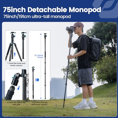 Image of Fotopro 73 inch /185cm Carbon Fiber Travel Tripod for Camera, 360 Panorama Ball Head, Arca Quick Release Plate and Bag, Detachable Monopod for DSLR Camera Camcorder, Load up to 22lbs /10kg. X-Go Plus Blue