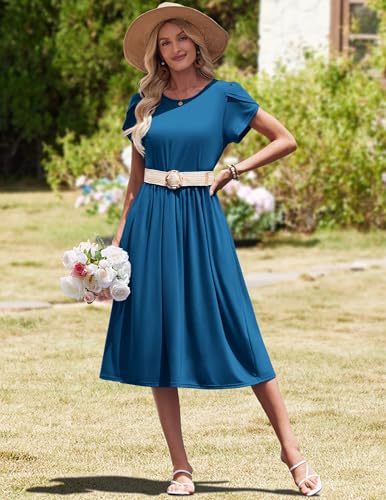 Image of HOTOUCH Women's Summer A-Line Midi Dresses 2026 Casual Floral Short Sleeve T-Shirt Dress Flowy Beach Sundress with Pockets