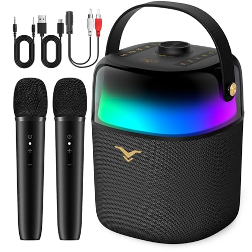 Machine de karaoké avec 2 Microphones pour Adultes et Enfants, Haut-Parleur de karaoké Bluetooth Portable avec lumières de fête RVB, système de sonorisation avec réglage des Basses/aigus, Prend en