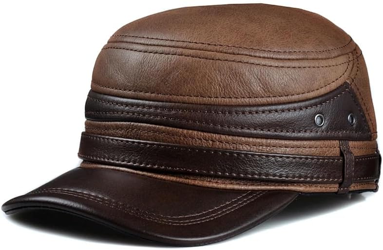 Winter Men Leather Ceiling Earmuffs Flat Hat Male Keep Warm Leisure 57-60 cm Adjustable Gorro Cow Skin Caps (Brown)