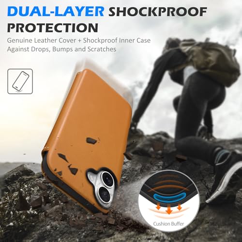 SHIELDON Wallet Case for iPhone 16 Plus 6.7", Genuine Leather Slim Wireless Charging RFID Blocking Credit Card Holder Magnetic Shock-Absorbent Compatible with iPhone 16 Plus - Retro Light Brown by SHIELDON - Image 9