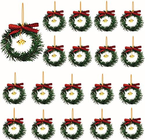 20 Pieces Mini Christmas Wreaths with Buffalo Check Bow Golden Bell, Christmas Wreath Decorations, Green Artificial Christmas Wreath for Holiday Home Decoration Christmas Crafts (Grass)