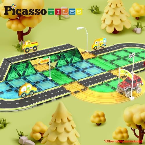 PicassoTiles Magnet Tile Car Track Adventure Theme Printed Street Road Runway Speedway Highway Magnetic Building Tiles Block Construction Pretend Play Playset STEM Education Learning Kit Kids 3+ PTE16 — view 4