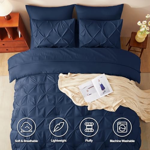 CozyLux King Size Comforter Set Navy Blue, 7 Pieces Pintuck Bed in A Bag Blue Comforter King Size, Pinch Pleat Bedding Set with All Season Comforter, Sheets, Pillowcases & Shams