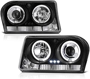 [For 2009-2010 Chrysler 300 Halogen Model] LED Halo Ring Black Projector Headlight Headlamp Assembly, Driver & Passenger Side