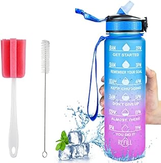 1 Litre Water Bottle with Straw, Motivational Sports Water Bottle with Time Markings, BPA Free Tritan Leakproof Portable Fitness Drink Bottle for Outdoor, Cycling, Gym, School & Office (BluePurple)