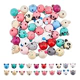 DICOSMETIC 40Pcs Animal Head Wood Beads Bulk Face Wooden Bead Painted Bear Head Koala Panda Mouse Loose Bead Large Hole Spacer Beads for Necklace Bracelet Jewelry Making, Hole: 5.5mm