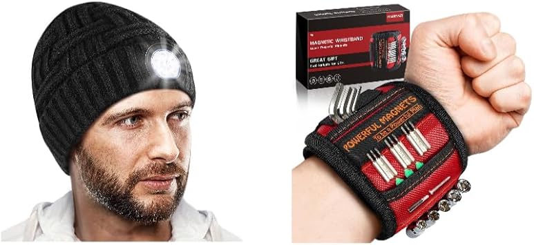 Multifunctional LED Beanie and Magnetic Wristband Tool Set - Unisex, Ideal for Outdoor Sports & DIY Projects, Perfect Holiday Gift