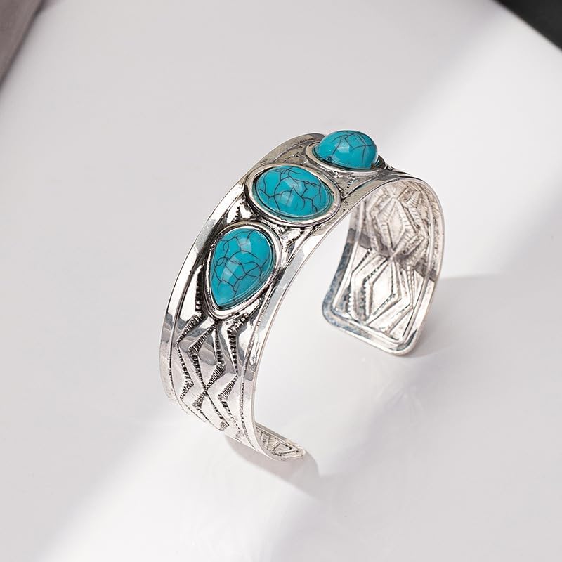 Bohemian Turquoise Cuff Bracelet for Women Vintage Chunky Boho Open Bangle Silver Turquoise Bracelet Adjustable Statement Birthday Wedding Party Jewelry - Image 3