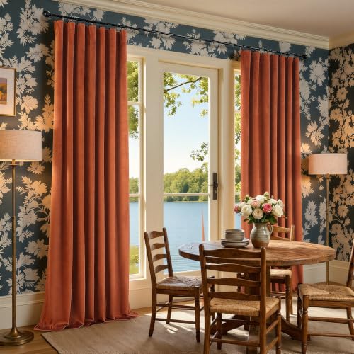 Image of Rust Colored Terracotta Boho Plush Velvet Curtains 108 Inches Long 2 Panels for Living Room Darkening Back Tab Pocket Thermal Insulated Elegant Blackout Curtains Ceiling to Floor Length for Patio Door
