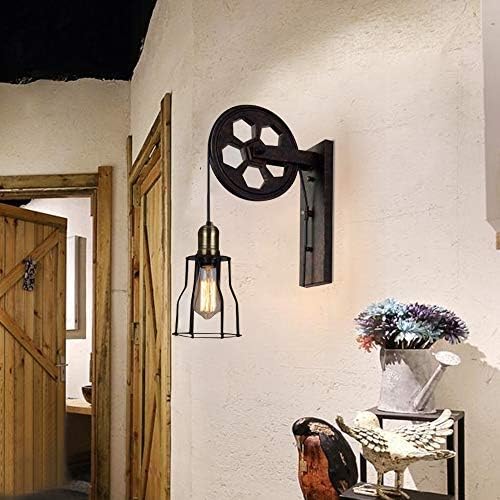 RUNNUP Vintage Lighting Lift Pulley Wall Sconce Lighting with Cage Light Shade Retro Industrial Creative Wall Sconce Lamp for Restaurant, Bedroom, Hallway Black