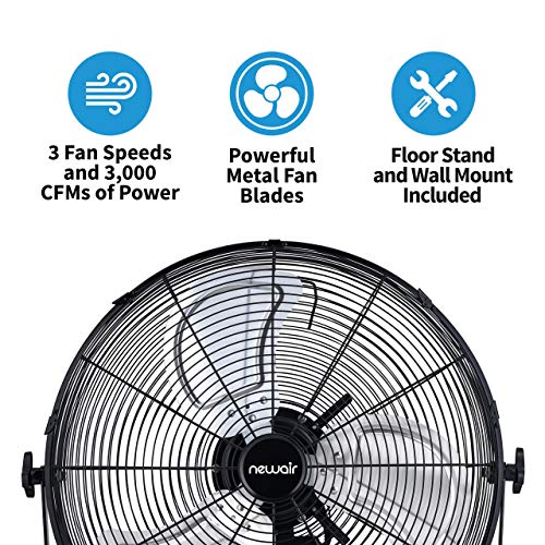 NewAir 20" High Velocity Outdoor Fan, Heavy Duty Waterproof 2-in-1 Floor Stand or Wall Mount Fan, Adjustable Tilt and 3 Speeds up to 4650 CFM | Wall Fan or Garage Fan for Indoor, Patio, Gym or Porch by NewAir - Image 2