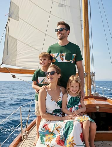 Image of PATPAT Family Matching Outfits Mommy and Me Dresses Hawaiian Tropical Vacation Beach Spaghetti Strap Dress and Shirt