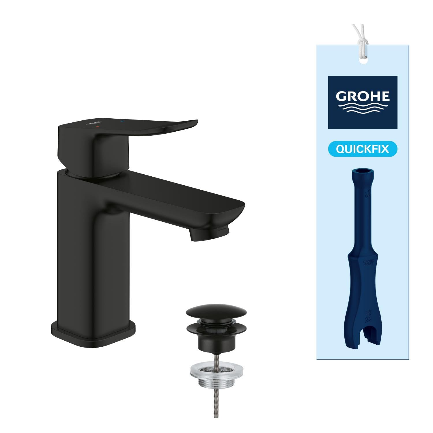GROHE Dice Mitigeur monocommande Lavabo Taille S (Robinet pour Lavabo de Salle de bain, Avec bonde clic clac, facile à installer avec QuickTool inclus, Economie d'eau), Noir Mat, 1018572430