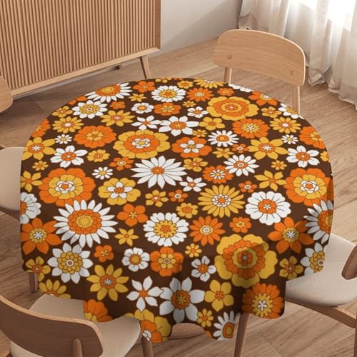 FengMingRui Retro 70s Groovy Round Tablecloth 1960s Hippie Floral White Orange Boho Modern Art Table Cloth Cover for Farmhouse Home Kitchen Dining Party Patio Indoor Outdoor, Round 36x36in