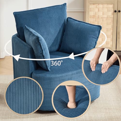 VS VanShine Swivel Accent Chair,Swivel Barrel Chair,Blue Swivel Chair,Upholstered Living Room Chair Corduroy Reading Chair Single Sofa Chair for Bedroom Apartment Office(Modern, Blue)