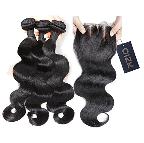 Oisk 8A Brazilian Virgin Hair Weft With Closure 3 Bundles 300g Top Unprocessed Brazilian Body Wave Cheap Human Remy Hair Weave Extension Natrual Color (10"10"10"+8" lace closure)