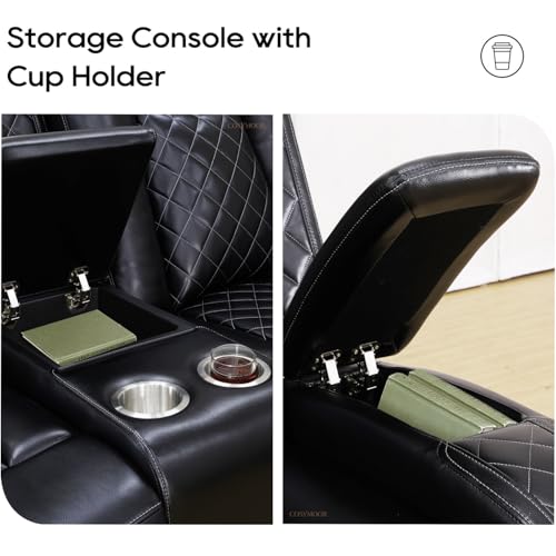 Image of Black Power Reclining Sectional Sofa Set, Living Room Furniture Sets, Leather Recliner Corner Couches and Chair, Power Recliner Sectional with Cup Holder /Storage Console for Living Room