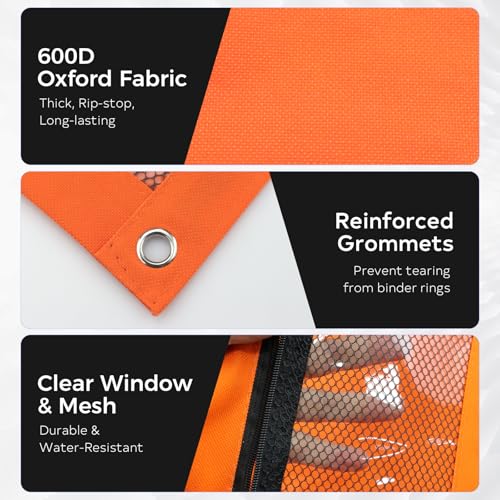 Image of 3 Ring Pencil Pouch for Binder, 2-Pocket Zipper Pencil Case with Clear Window & Mesh Pocket, Heavy Duty 600D Oxford Fabric Binder Pouch for School Office Supplies, Fits Standard 3-Ring Binders, Orange