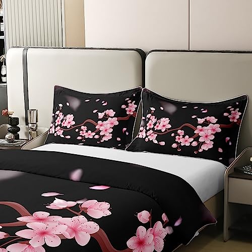 Loussiesd Cherry Blossoms 100% Cotton Duvet Cover King Size Japanese Style Bedding Cotton Duvet Cover Set Decor Sakura Flower Comforter Cover Set Floral Botanical Pink Black Bedspread Cover - Image 4