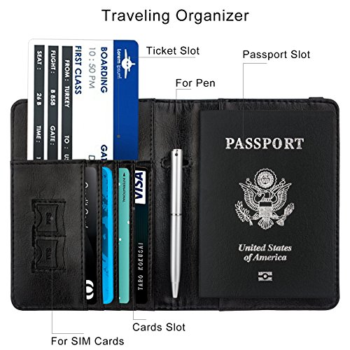 Image of WALNEW Passport Holder for Travel, RFID Passport Cover Wallet for Women Men, PU Leather Passport Book Card Holder Case with Pen (Elastic Band Closure, A-Black)